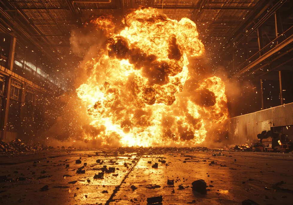 Image of a large explosion in a factory building