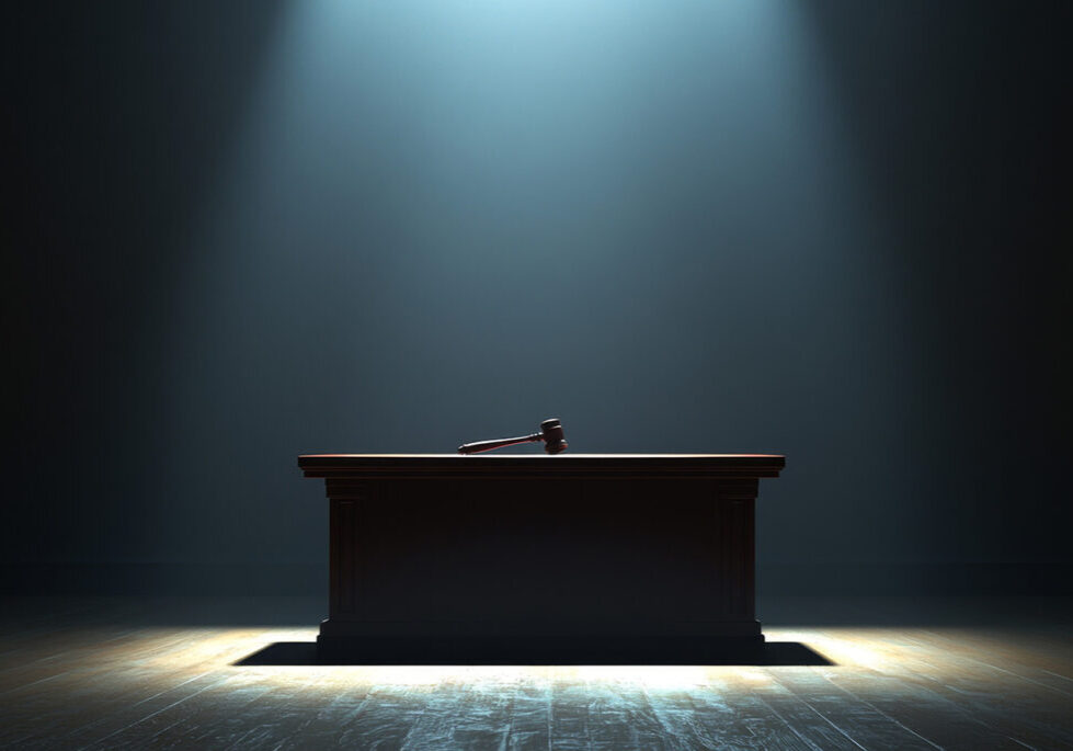 Wooden desk with a gavel sitting on it in the middle of a spotlight