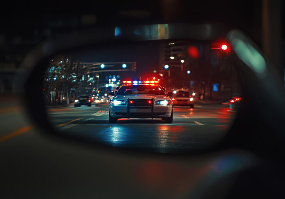 AI generated image of a police car reflected in a car's side mirror